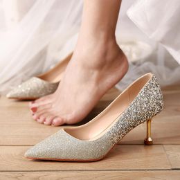 Dress Shoes Golden Wedding Daily Wear Bride Pumps Sequin Cloth Glass Slipper Stiletto High Heels Women Bridesmaid