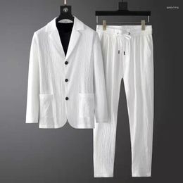 Men's Suits Spring Summer Men Casual Suit Korean Slim Two-piece Set Pants Stripe Pleats Jacket Drawstring Blazers For Prom