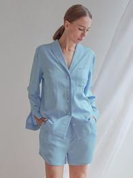 Womens Sleepwear Hiloc Long Sleeve Blue Pajama Sets Khaki Loungewear Pocket TwoPiece Set Turn Down Collar In Autumn 230922