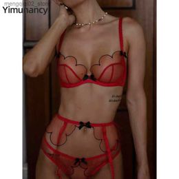 Bras Sets Yimunancy Cut Out Red Lingerie Set Women Mesh Patchwork Transparent Garter Erotic Bow Bra + Panty Underwear Set Q230922