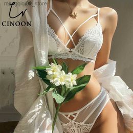 Bras Sets CINOON Sexy Embroidery Underwear Women Bra and Panty Set Wire Free Fancy Bralette Fashion Bandage Comfortable Intimates Lingerie Q230922
