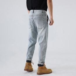 Men's Jeans Japanese Retro Light Blue Men Small Straight Stretch Cotton Denim Pants Mid-waist Ankle-length Trousers Streetwear