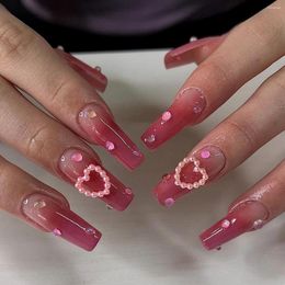 False Nails 24pcs Gradient Pink With Pearl Heart Design Fashion Press On Full Cover Wearable Women Lady Acrylic