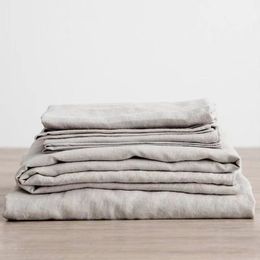 Mattress Pad 3PCS 100% Washed Linen Sheet Set Natural Flax Bed Sheets 2 Pillowcases Breatherable Soft Farmhouse Bedding Bedsheet Flat Sheet 230922
