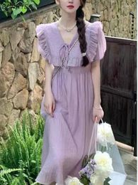 Casual Dresses Purple Women Sweet Preppy Style Ruffles Design French Version Gentle Temperament V-neck Simple Retro Prairie Chic