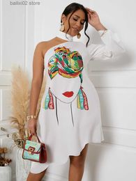 Basic Casual Dresses LW Dress Women 2022 Asymmetrical Ruffle Print One Shoulder Hollowed-out Sexy One-Sleeve Vestidos White Outfits T230922