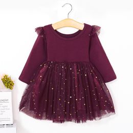 Girls' Autumn and Winter Fashion Girls' Baby Solid Color Long Sleeve Star Moon Shining Princess Dress