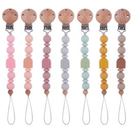 Baby Beech Wood Pacifier Clips Cartoon Silicone Chew Beads Baby Teether Teething Toy Anti Loss Infant Pacifier Chain Shower Gift