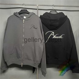 Men's Hoodies Sweatshirts Cardigan RHUDE Hoodie Men Women Washed Zip Hooded Black Grey Rhude Sweatshirts Pullovers J230922