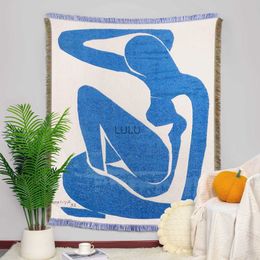 Blankets INS Abstract Art Tassel Throw Blankets Blue Sofa Cover Portrait Tapestry Nordic Blanket for Beds Home Outdoor Camping Picnic Mat HKD230922