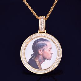 New Custom Po Medallions Round Necklace Po Frame Pendant With Rope Chain Gold Cubic Zircon Rock Street Men's Hip hop Je292v