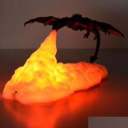 Decorative Objects Figurines 3D Room Decor Print Led Fire Dragon Ice Lamps Home Desktop Rechargeable Lamp Gift For Children Family Dheea