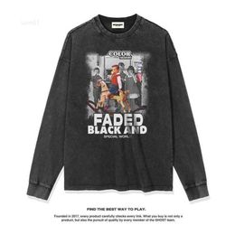 2022 Autumn/winter New American Style Old Poster Design Long Sleeve T-shirt White Ink Direct Spray Loose Fit0xfe