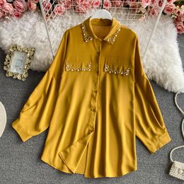 Women's Blouses 2023 Spring Korean Solid Colour Temperament Casual Beaded Polo Collar Long Sleeve Loose Mid Length Shirt Cardigan Women