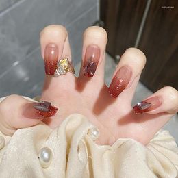 False Nails 24pcs Wearable Wine Red Press On Fake Tips With Glue Design Butterfly Lovely Girl Wearing
