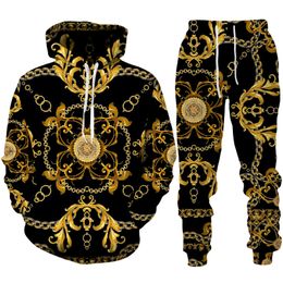 Men's Tracksuits High End Luxury Golden Pattern Mens Hoodie/Pants/Set Fashion 3D Print Couple Sportswear Casual Hipster Personality Clothing Suit 230922