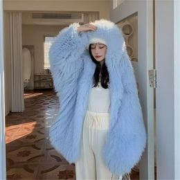 Womens Fur Faux Blue Winter Warm Coat Women Bat Sleeve Thick Plush Fluffy Jacket Ladies Lazy Loose Hooded Outwear Luxury Clothing 230921