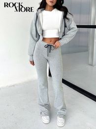 Womens Two Piece Pants Rockmore 2 Set Hooded Sweatshirt Sweatpants Autumn Harajuku Casual Hoodies for Women Crop Jackets and Flare Outfits 230922