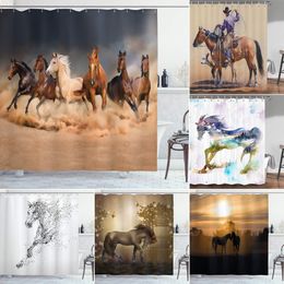 Shower Curtains Horse Shower Curtain Western Masculine Horses Run In Farm Field Animal Farmhouse Bath Curtain Waterproof Polyester Fabric Decor 230922