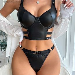 Bras Sets Women's Sexy Motorcycle PU Leather Crop Tank Tops Panties Underwear Set Clubwear Female Thongs Underpants Push Up Bra Outfits Q230922