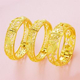 Dragon Phoenix Bangle Bracelet for Women Lady Wedding Party Daily 18K Yellow Gold Filled Dubai Fashion Jewelry Gift 14mm 16mm 20mm267x