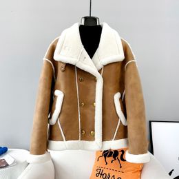 Womens Fur Faux Women Lady Suede Lamb Wool Short Jacket Female Sheep Shearling Warm Coat OverCoat JT3371 230922