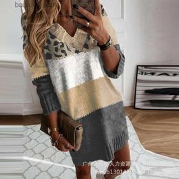 Basic Casual Dresses Women Chic Leopard Patchwork Pattern V Neck Long Sleeves Spring Autumn Knitting Dress Tops T230922
