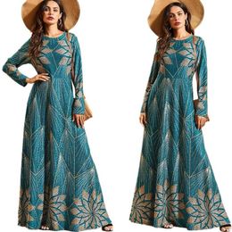 Muslim Women Printed Long Dress Elegant Knitted Maxi Robe Full Length Long Sleeve O-neck Dubai Gown Abaya Kaftan Arab Jilbab New286s