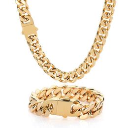 Pendant Necklaces HOYON 18K Gold Coating Hip hop Stainless Steel Cuban Chain Spring Buckle Bracelet Cutting Necklace 16 30 inchs 230922