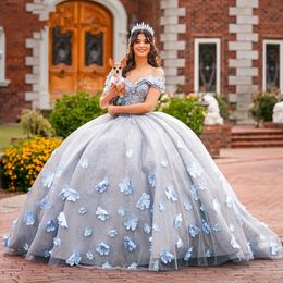 2023 Sky Blue With 3D Flower dress Tulle Beading Quinceanera Dresses Off The Shoulder Party Dress Appliques Lace Up Court Train Prom Ball Gown
