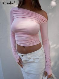 Women s T Shirt Absobe Asymmetrical Ruched Off The Shoulder Crop Top Women Solid Long Sleeve Slim T shirt Streetwear 2023 Spring Summer Tees 230922