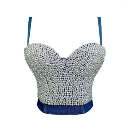 Women's Tanks Women Summer Denim Camisole Corset Top Build In Bra Luxury Jeans Tops High Street Pearl Embroidery Club Party Stage Costumes