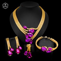 Wedding Jewellery Sets Woman Necklace Set Fashionable Brazilian Gold Style Original 24K Plated Purple and Champagne Zircon Pendant SYHOL 230922