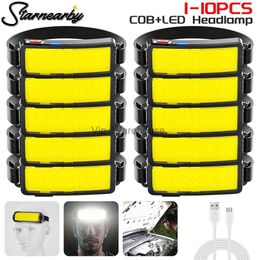Head lamps 1-10PCS COB Headlights Portable LED Headlight with Built-in 1200mah Battery USB Rechargeable Head Lamp Outdoor Household Torch HKD230922