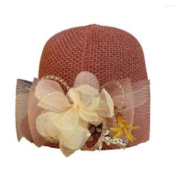 Wide Brim Hats Beach Hat Net Yarn Flower Decor Sun Spring Summer Retro Short Round Dome Fascinator