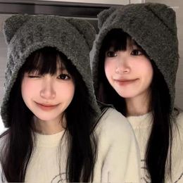 Berets In Hat For Women Autumn And Winter Cute Bear Knitted Hats Warm Thickened Lamb Fleece Beanies Ladies Travel Bonnet Cap Beanie