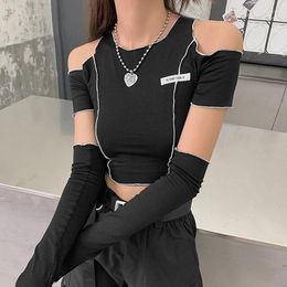 Women's T Shirts Girl Style Patchwork Black T-shirts Gothic Open Shoulder Sleeve Y2k Crop Tops Ruffles Hem Hip Hop Techwear Women Tee