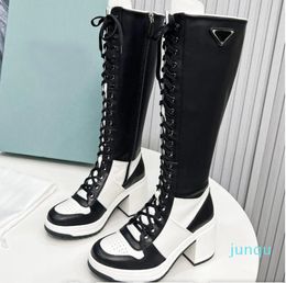 Boots Designer Triangle Boots Women Luxury Calfskin Fashion Top-Quality High Heel Lace-Up Boot Winter Motorcycle Knee Boots