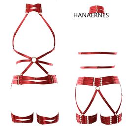 Suspenders HANAERNES Red Wine Sexy Hollow Cage Adjustment Chest Strap Wedding Bride Leg Garter Belt Gothic Cage Harness Set 230921