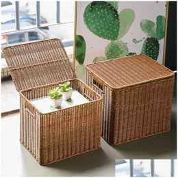 Storage Baskets Woven Basket With Lid Plus Size Sundries Dustproof Organizer Box Large Bins Cabinet Wardrobe Drop Delivery Home Gard Dheit