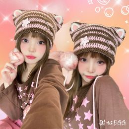 Beanie/Skull Caps Cute Y2k Cat Ear Hat Sweetheart Original Pure Handmade Striped Kitten Beanies Hat SubcultureSkullies Hats for Women 230921