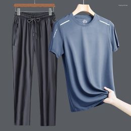 Men's Tracksuits Dad's Thin Casual Sports Suit Summer Short Sleeved T-shirt Middle-aged Clothing Ice Feeling