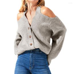 Women's Sweaters Sweater Woman 2023 Autumn/winter Button Sexy Off Shoulder Solid Colour V-neck Lantern Sleeve Women Drop MMYZ2046