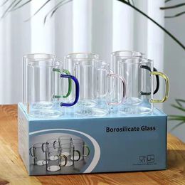 High Borociliate Glass Mug, Gift Box Summer Fruit Glass 6pcs, Heat Resistant Clear Cup with Colour Handle, Festival Gift, Birthday Party Supplies
