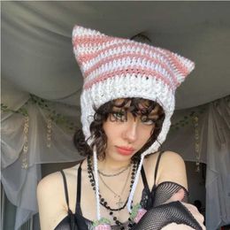 Beanie/Skull Caps Beanie/Skull Caps Devil Carob Beanies Hat Y2K Japanese Handmade Striped Knitted Pullover Caps Kawaii Cat Ear Women's Hats Gorras 230921 x0922