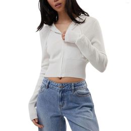 Women's Sweaters Knit Crop Hoodies Solid Colour Ribbed Zip Up Sweater Slim Short Jacket Streetwear