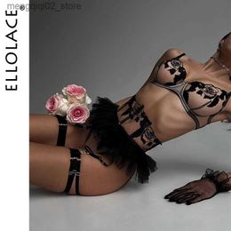 Bras Sets Ellolace Fancy Lingerie Floral Lace Bra Ruffle Garter Luxury Erotic Outfit Sexy Crotchless Panties Sensual Underwear 4-Piece Q230922