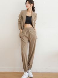 Womens Two Piece Pants Autumn Winter Suits For Women Korean Fashion Style Khaki Casual Outwears Pant Sets Elastic Waist Elegant Pieces Set 230921