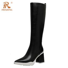 Boots PRXDONG Genuine Leather Shoes Woman Knee High Square Heels Pointed toe Black Brown Zipper Dress Party Autumn Winter 7 230921