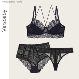 Bras Sets Varsbaby sexy unlined floral lace underwear set 3 pcs bras+high-waist panties+thongs unlined underwire bra set Q230922